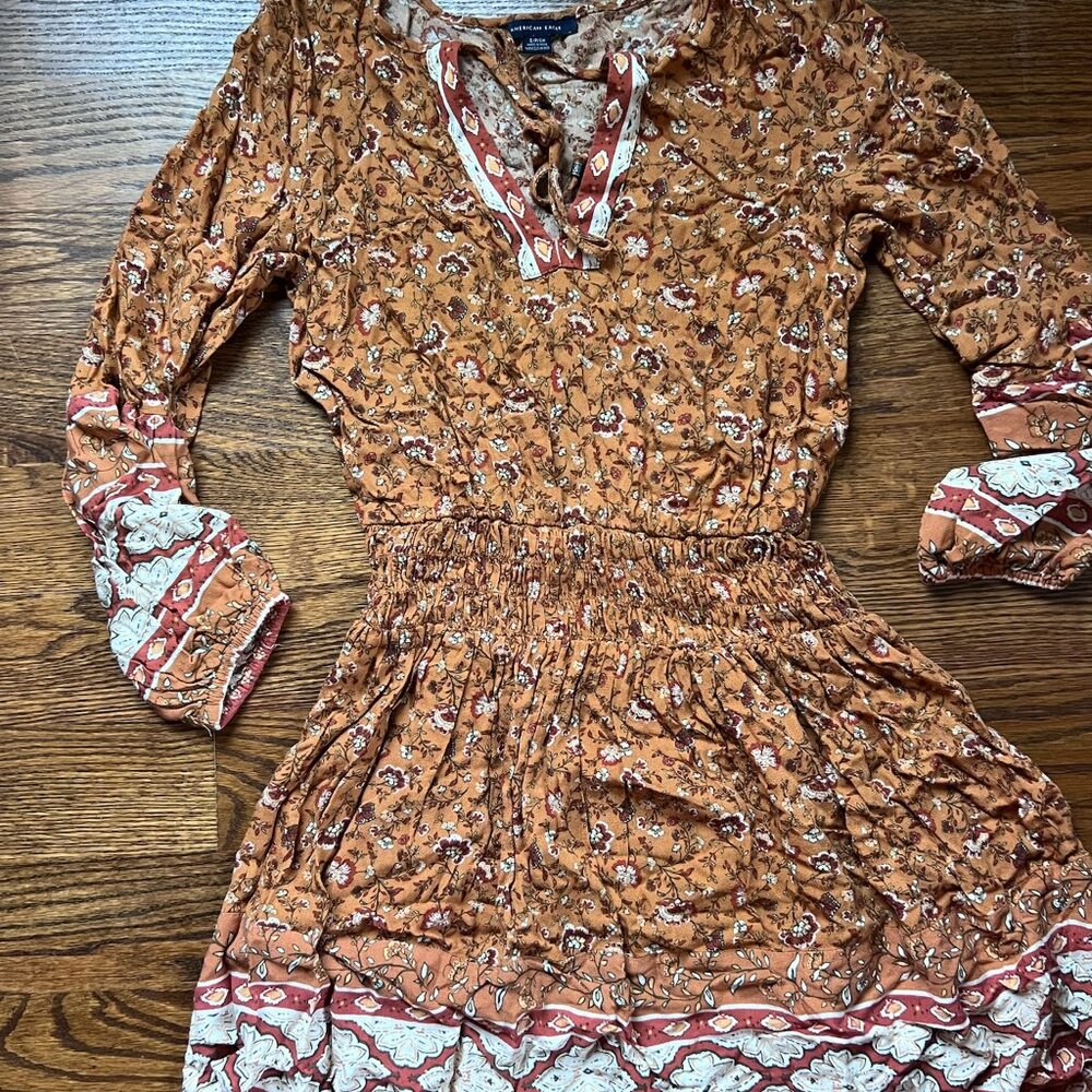 American Eagle Bohemian Flowy Fit Long Puffy Sleeve Floral Mini Dress Orange S - Picture 2 of 6